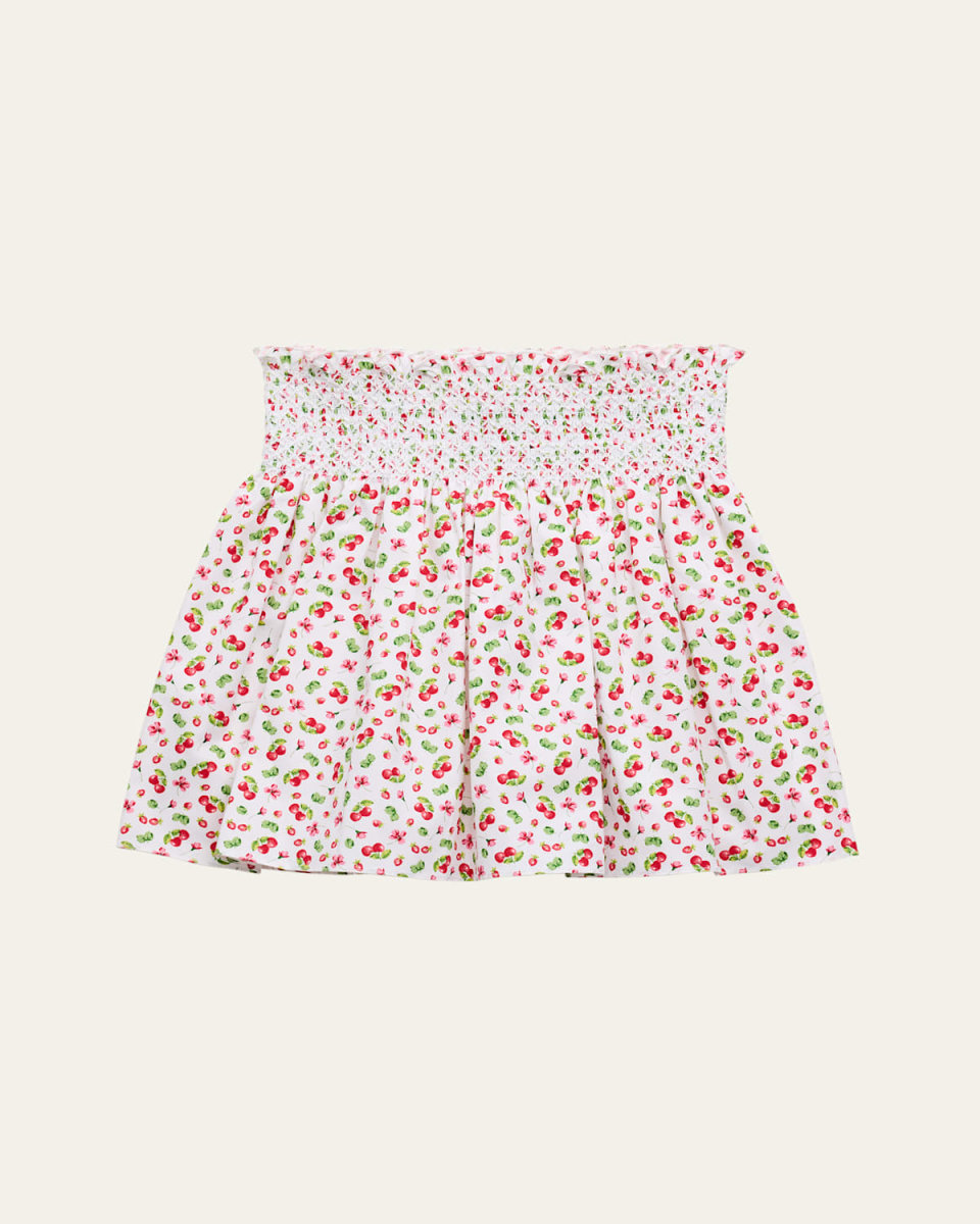 Girl's Cherry-Print Smocked Skirt, Size 4-12